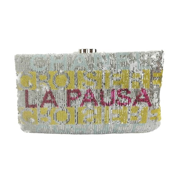 CHANEL - La Pausa Embroidered Satin Sequin Clutch Bag - Silver Handbag - Picture 1 of 13